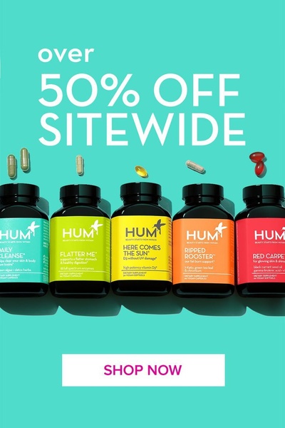 A 2:3 vertical ad showcasing a colorful array of bottled supplements against a bright teal background with a bold 50% off discount message.